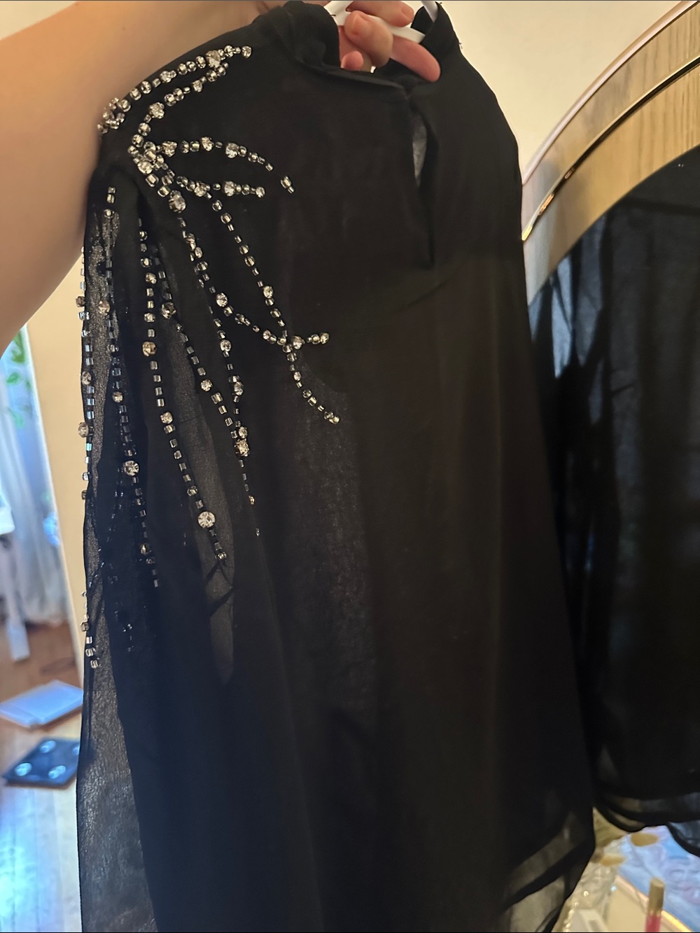 Suzy Shier Black Sheer Long-Sleeve Blouse with Rhinestone Shoulder